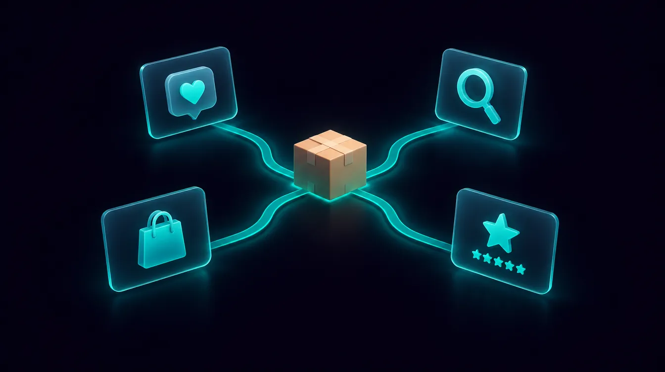Un pacco al centro di un incrocio di percorsi verso social, ricerca, marketplace e recensioni